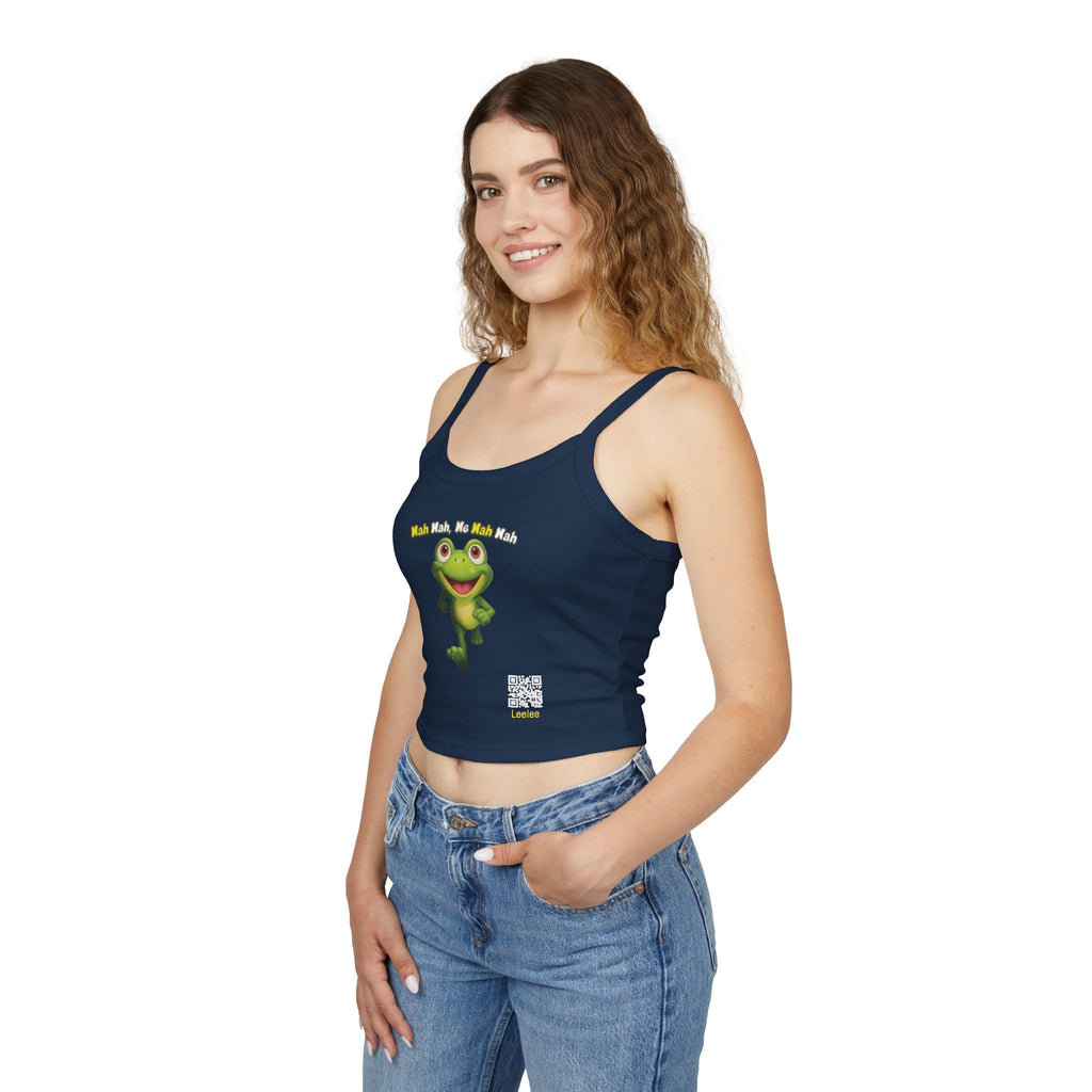 Leelee Running Frog Cropped Tank — "Nah Nah Ne Nah Nah" Cute Frog Graphic Spaghetti Strap Top