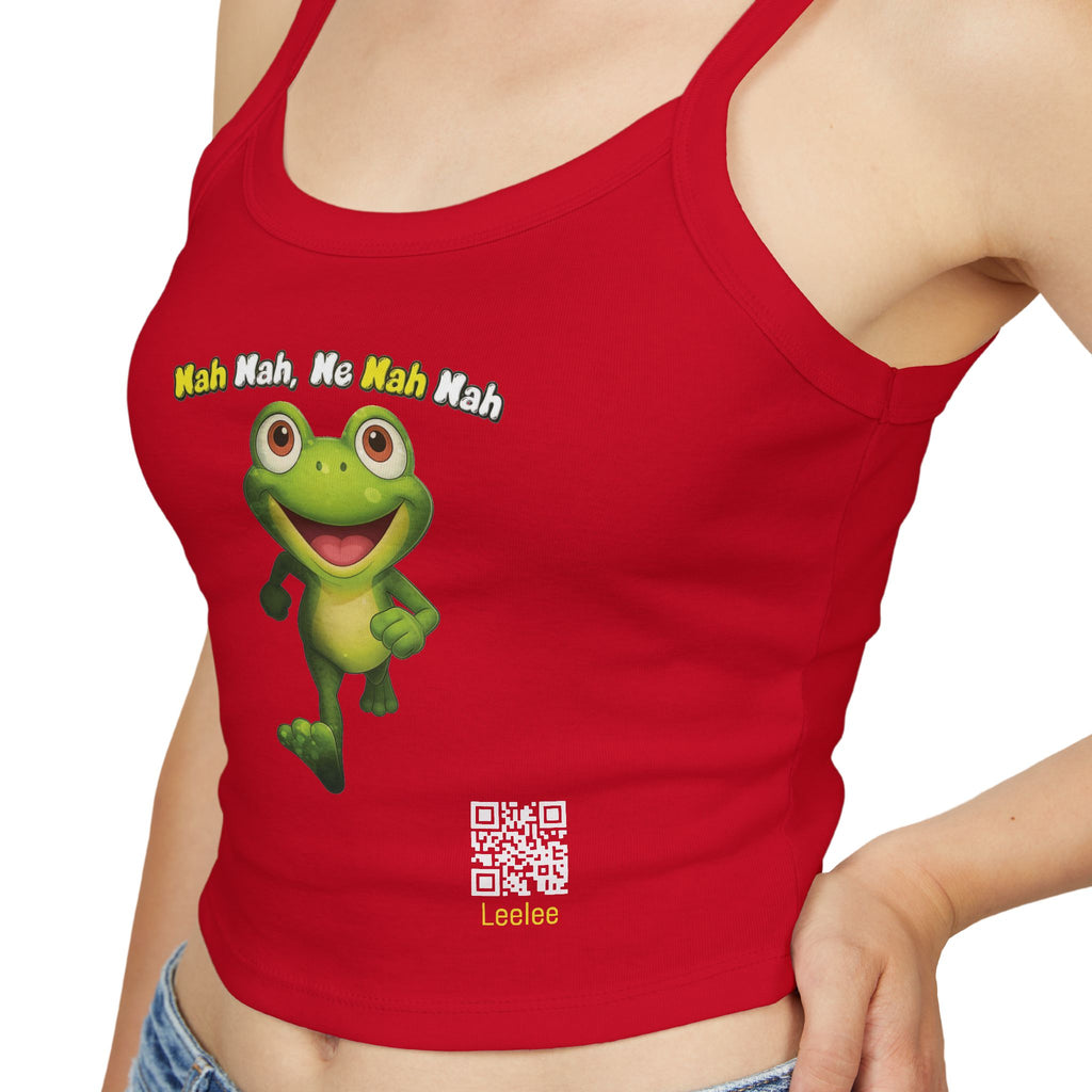 Leelee Running Frog Cropped Tank — "Nah Nah Ne Nah Nah" Cute Frog Graphic Spaghetti Strap Top