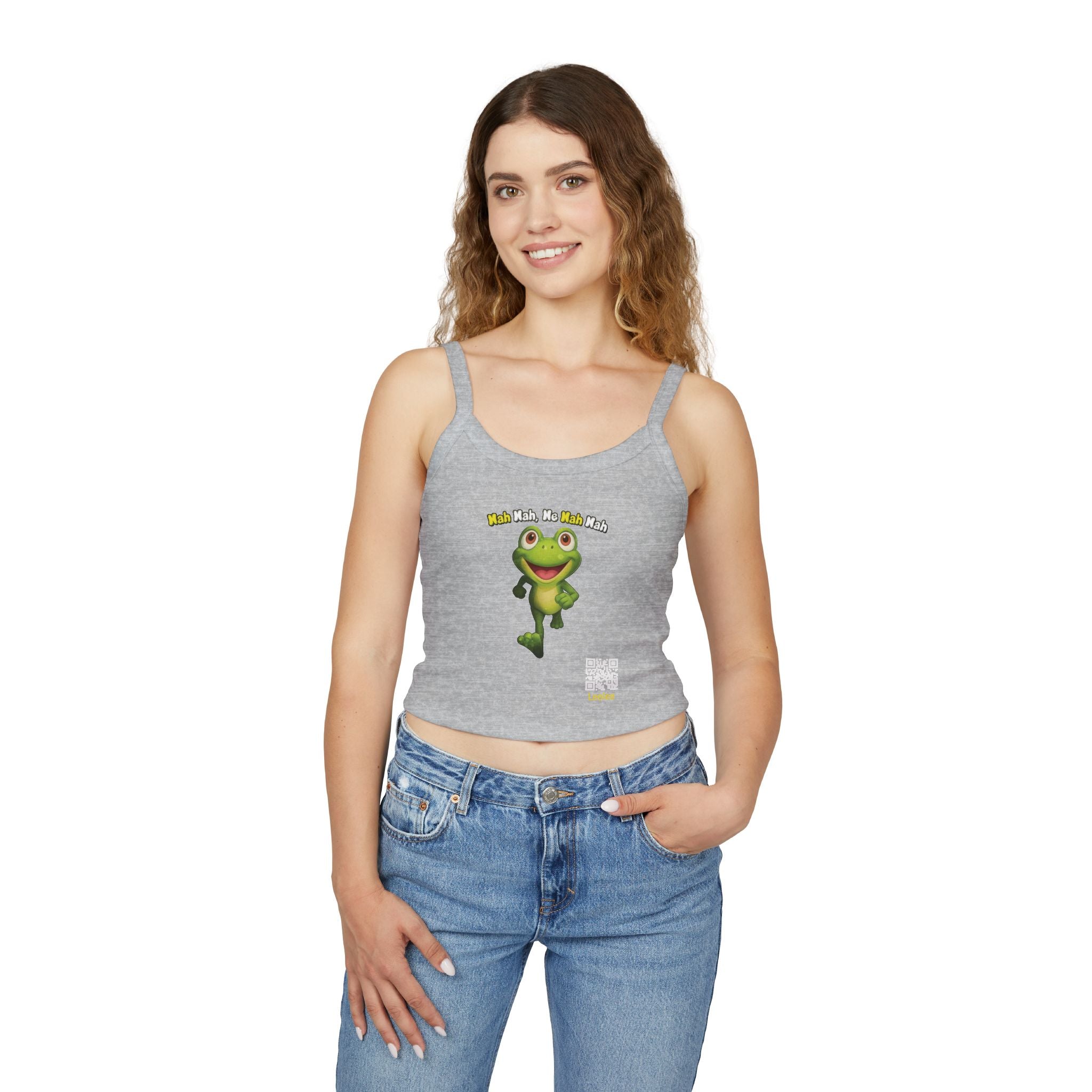 Leelee Running Frog Cropped Tank — "Nah Nah Ne Nah Nah" Cute Frog Graphic Spaghetti Strap Top