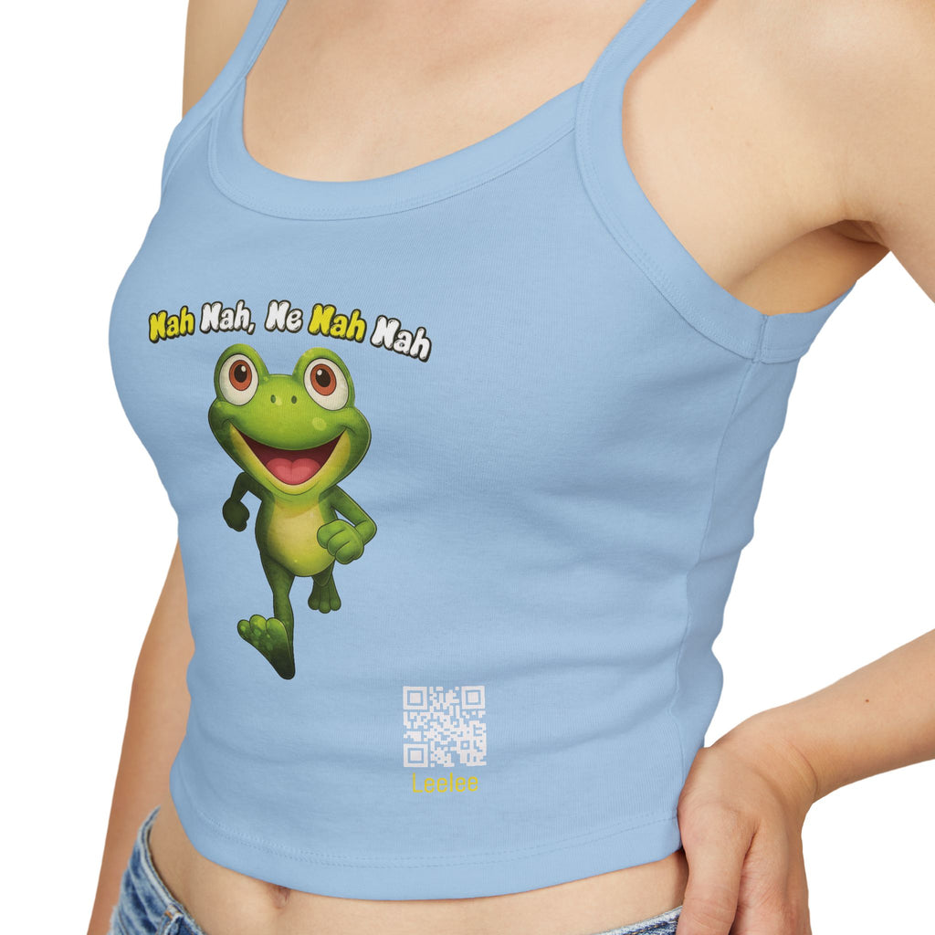 Leelee Running Frog Cropped Tank — "Nah Nah Ne Nah Nah" Cute Frog Graphic Spaghetti Strap Top