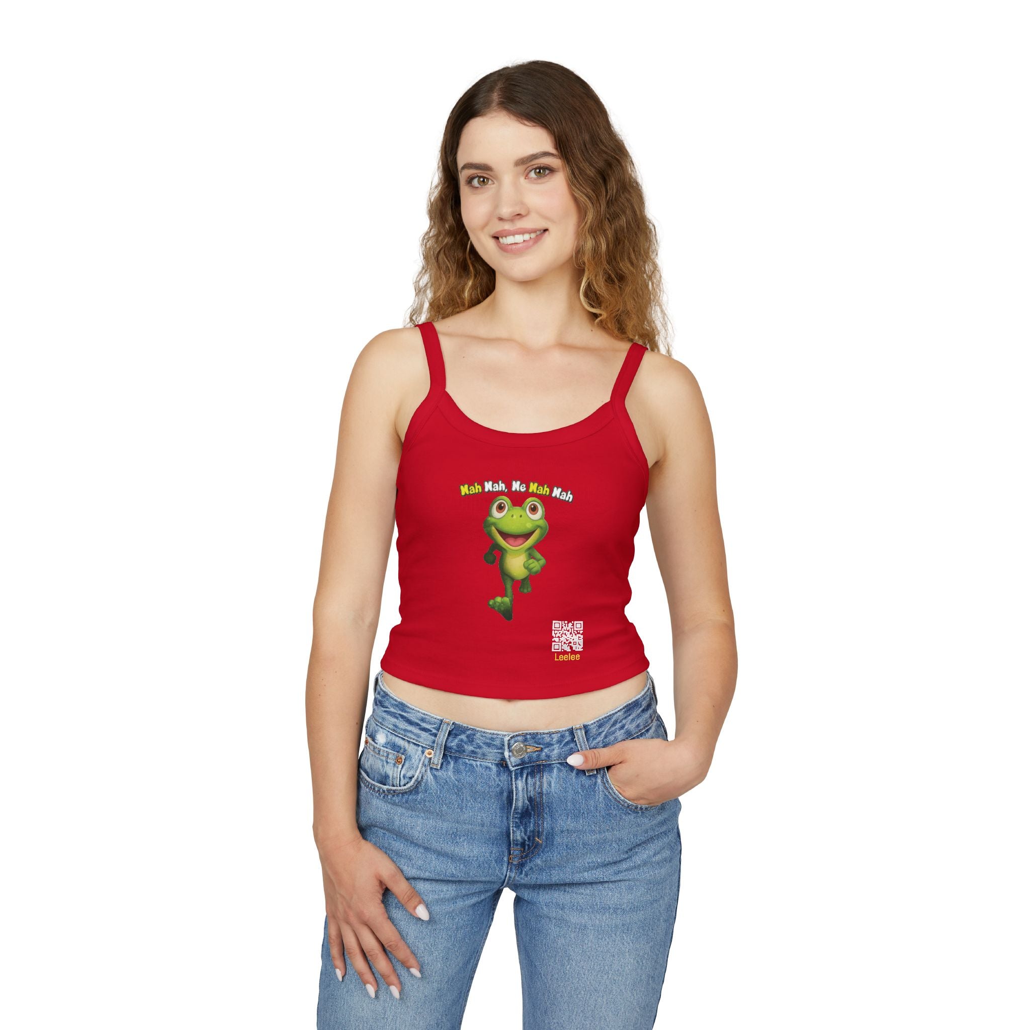 Leelee Running Frog Cropped Tank — "Nah Nah Ne Nah Nah" Cute Frog Graphic Spaghetti Strap Top