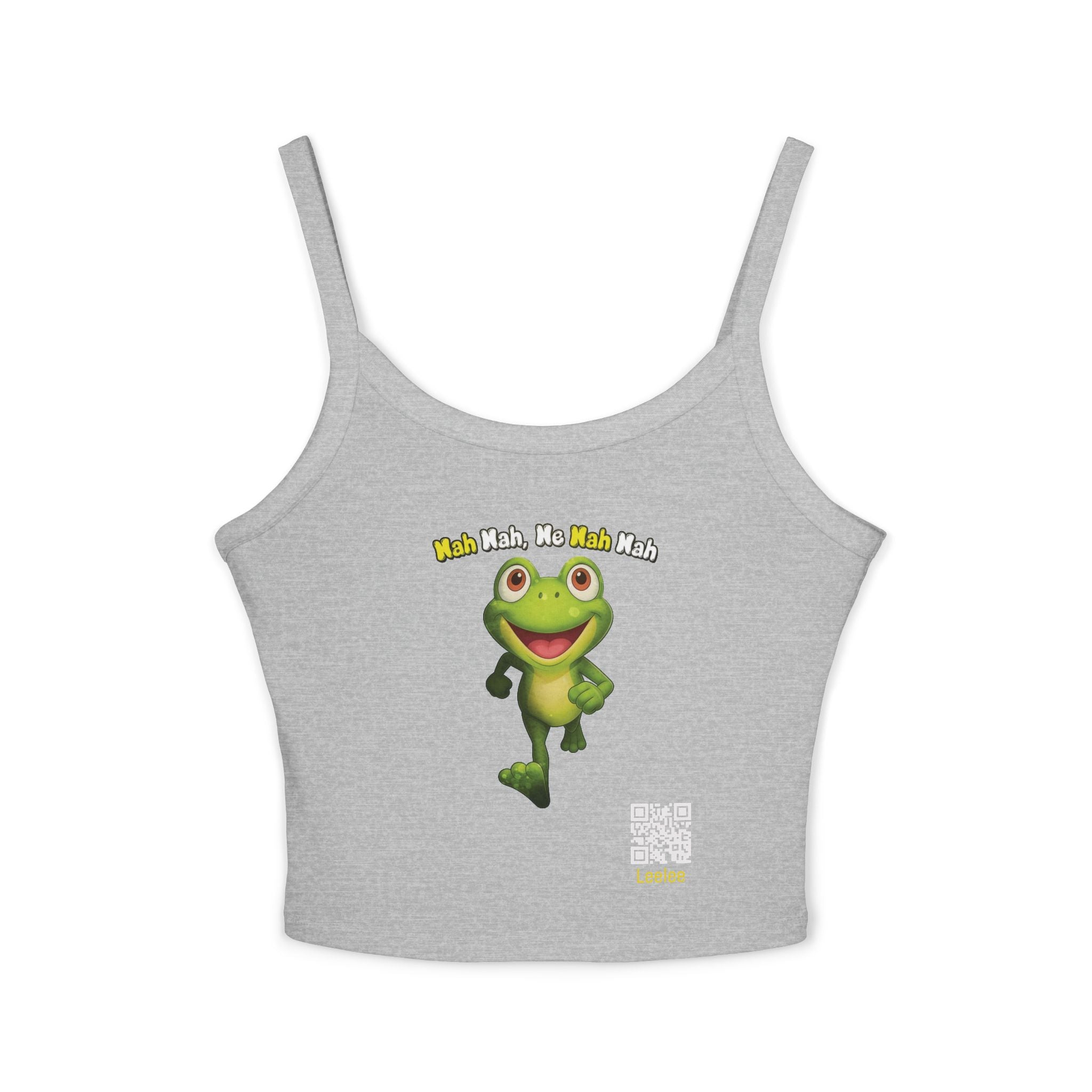 Leelee Running Frog Cropped Tank — "Nah Nah Ne Nah Nah" Cute Frog Graphic Spaghetti Strap Top