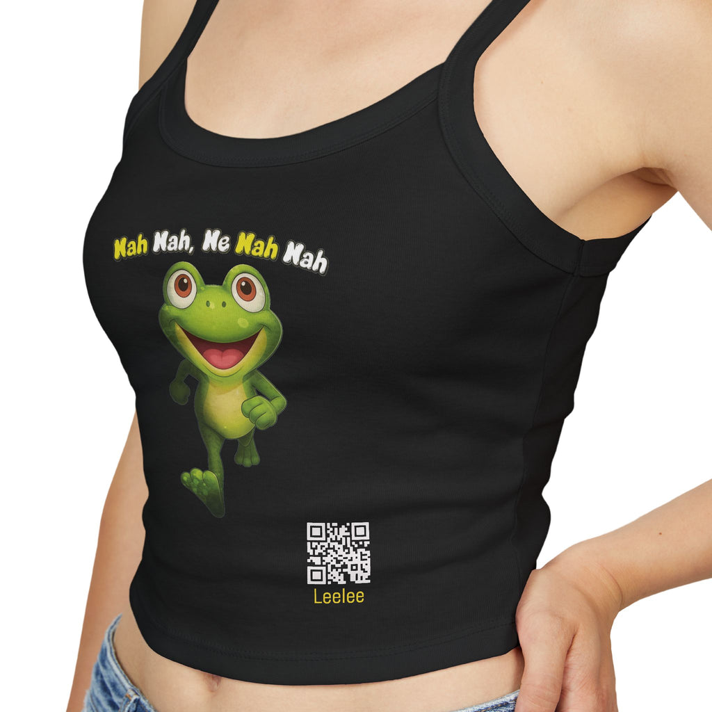 Leelee Running Frog Cropped Tank — "Nah Nah Ne Nah Nah" Cute Frog Graphic Spaghetti Strap Top
