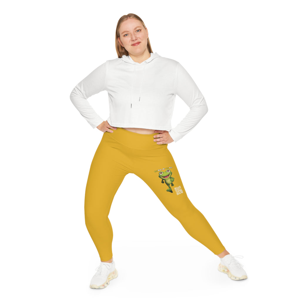 Leelee Inspired Plus Size Leggings (Yellow)— Cute Smiling Leelee Running Frog Graphic Leggings