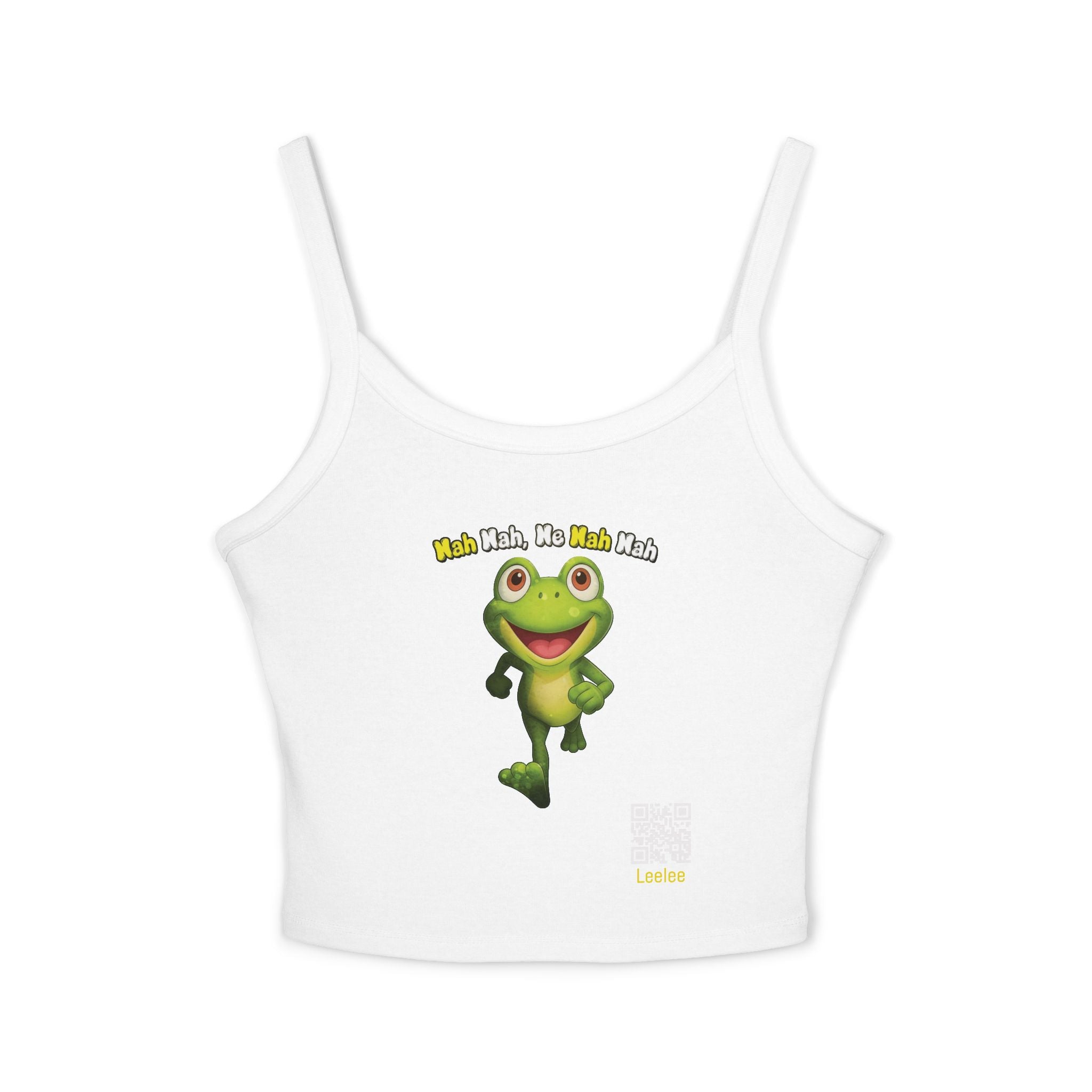 Leelee Running Frog Cropped Tank — "Nah Nah Ne Nah Nah" Cute Frog Graphic Spaghetti Strap Top