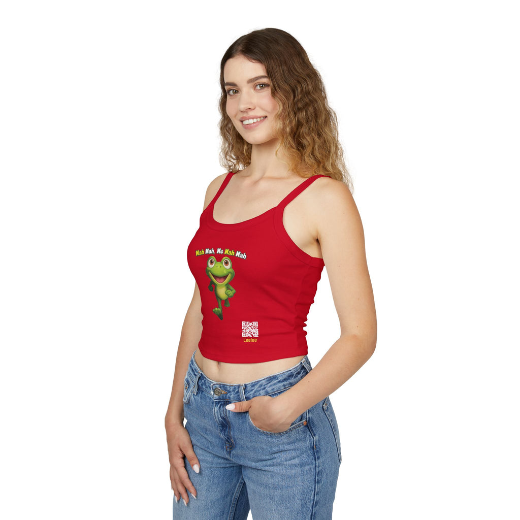 Leelee Running Frog Cropped Tank — "Nah Nah Ne Nah Nah" Cute Frog Graphic Spaghetti Strap Top
