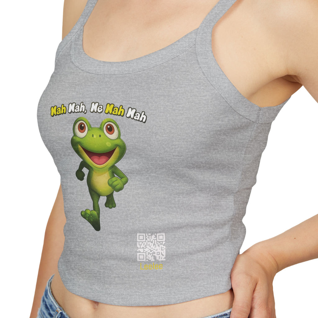 Leelee Running Frog Cropped Tank — "Nah Nah Ne Nah Nah" Cute Frog Graphic Spaghetti Strap Top