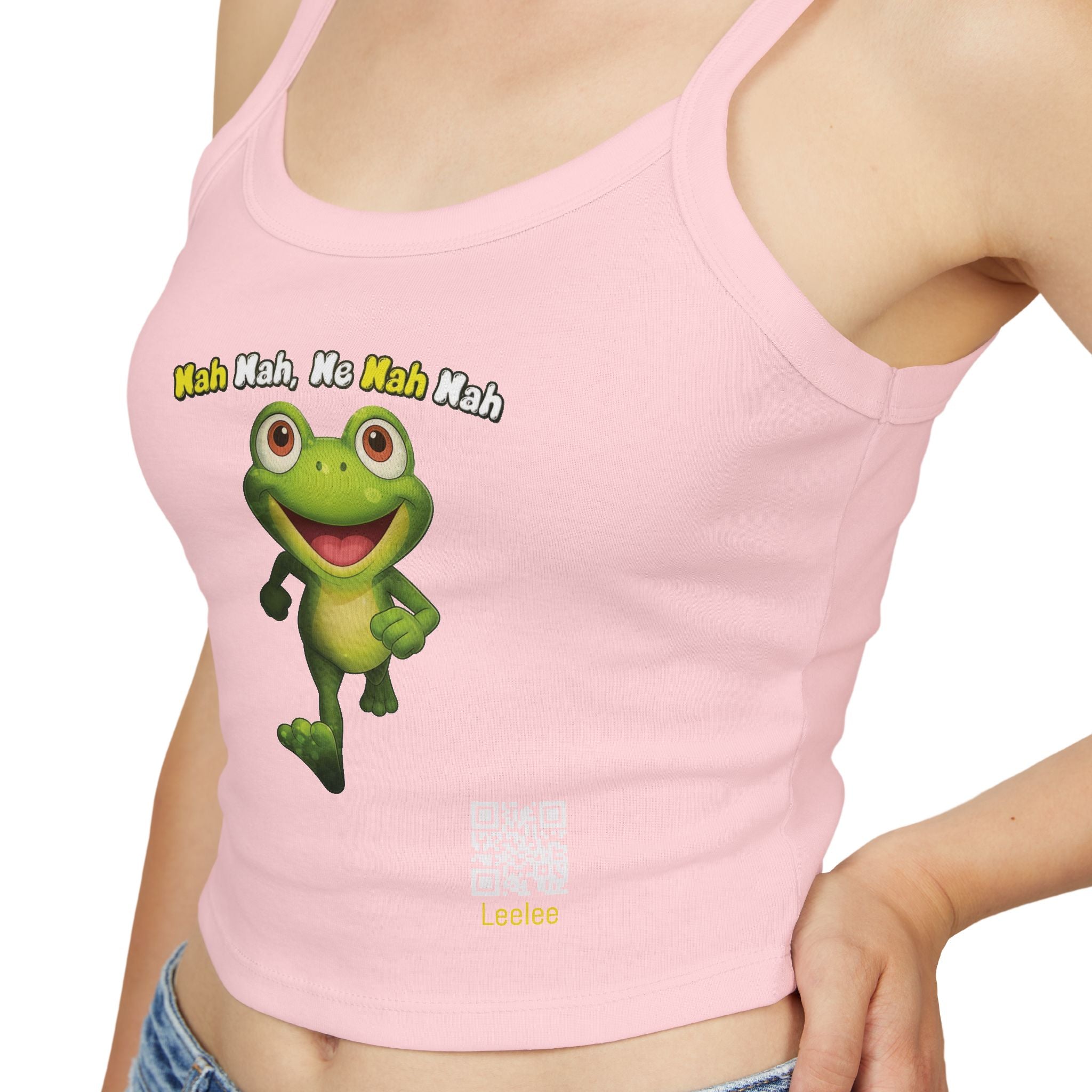 Leelee Running Frog Cropped Tank — "Nah Nah Ne Nah Nah" Cute Frog Graphic Spaghetti Strap Top