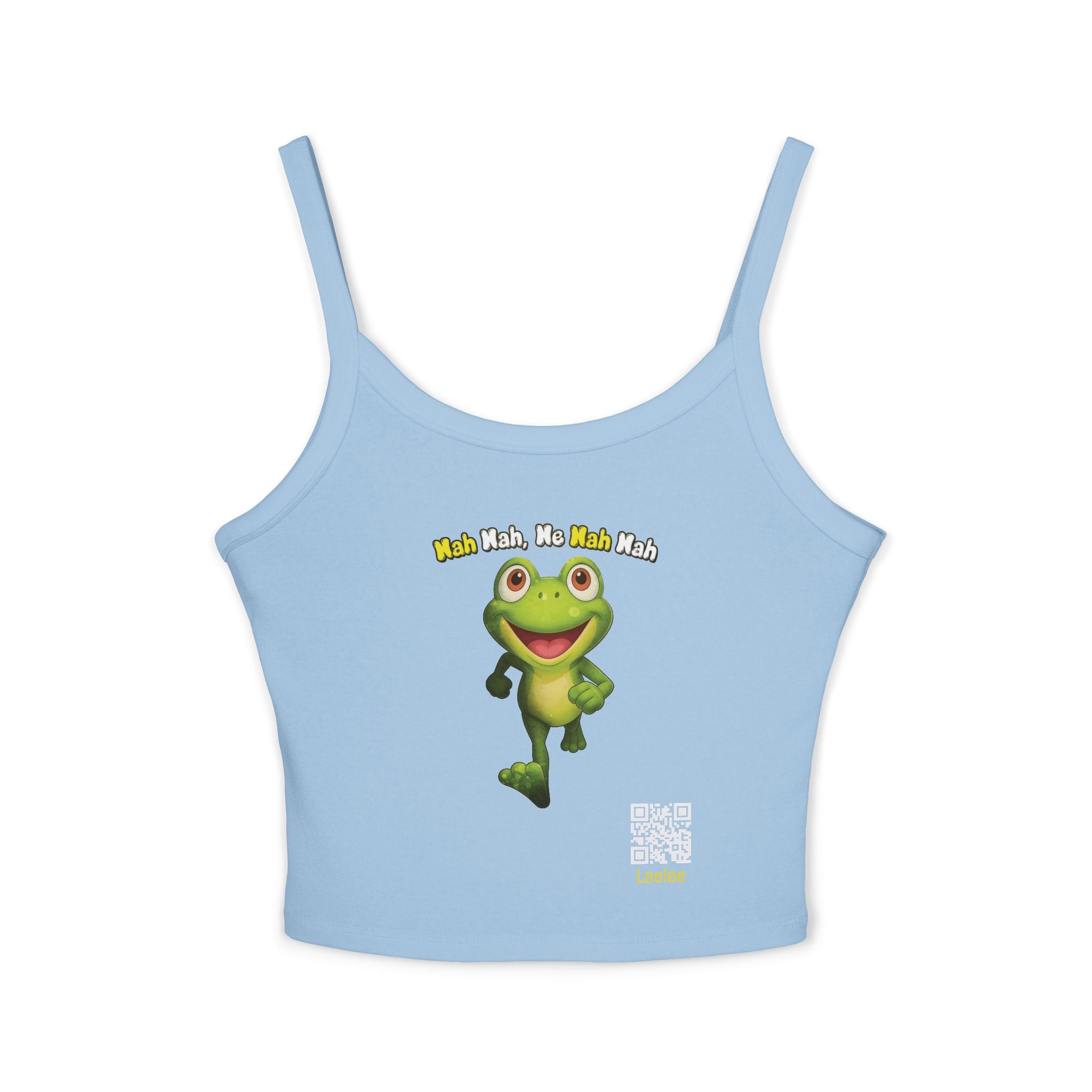 Leelee Running Frog Cropped Tank — "Nah Nah Ne Nah Nah" Cute Frog Graphic Spaghetti Strap Top