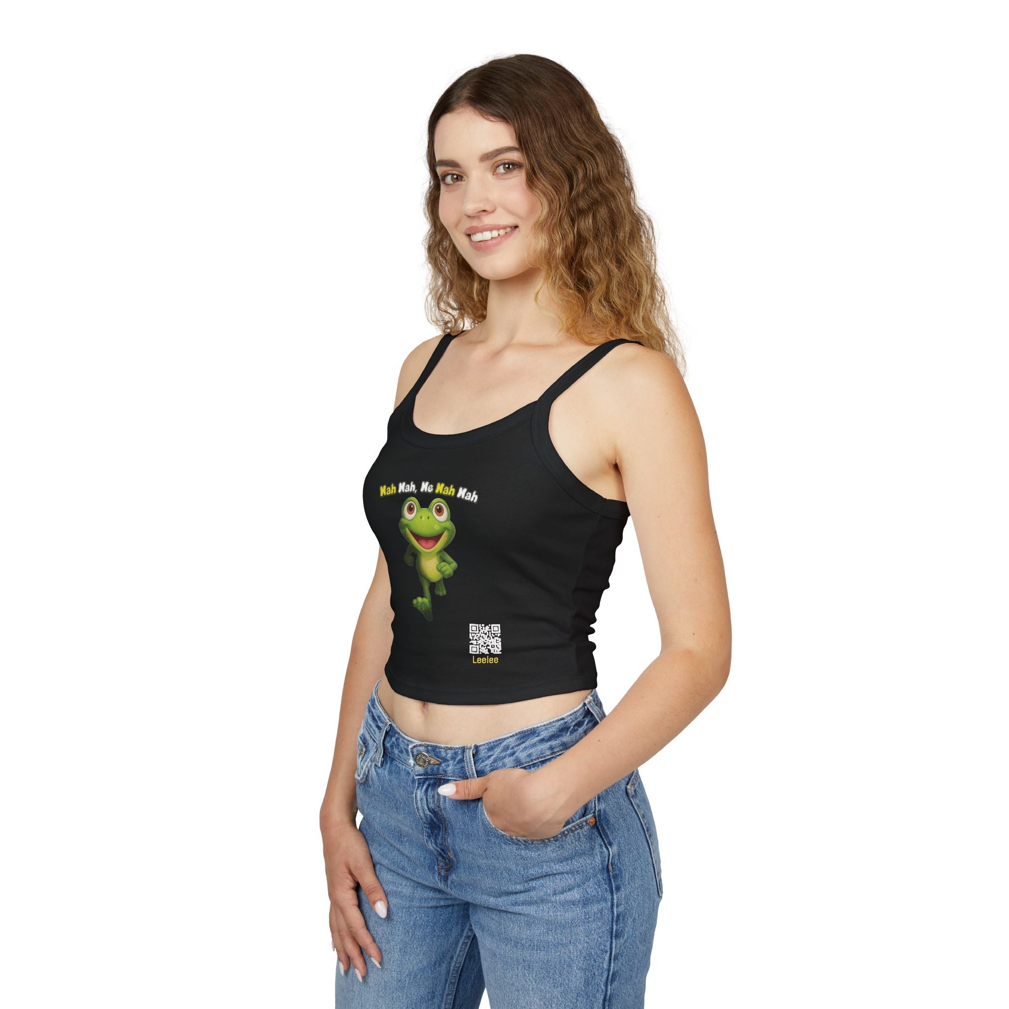 Leelee Running Frog Cropped Tank — "Nah Nah Ne Nah Nah" Cute Frog Graphic Spaghetti Strap Top
