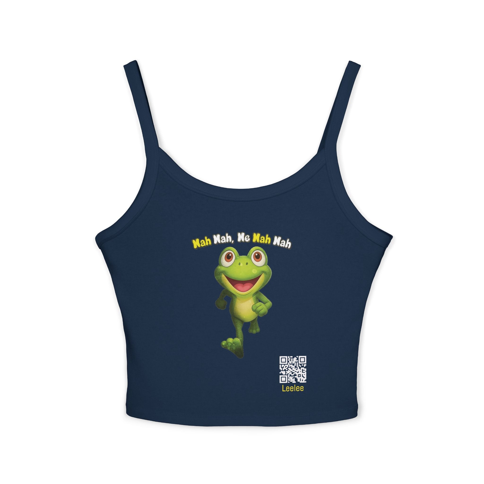 Leelee Running Frog Cropped Tank — "Nah Nah Ne Nah Nah" Cute Frog Graphic Spaghetti Strap Top