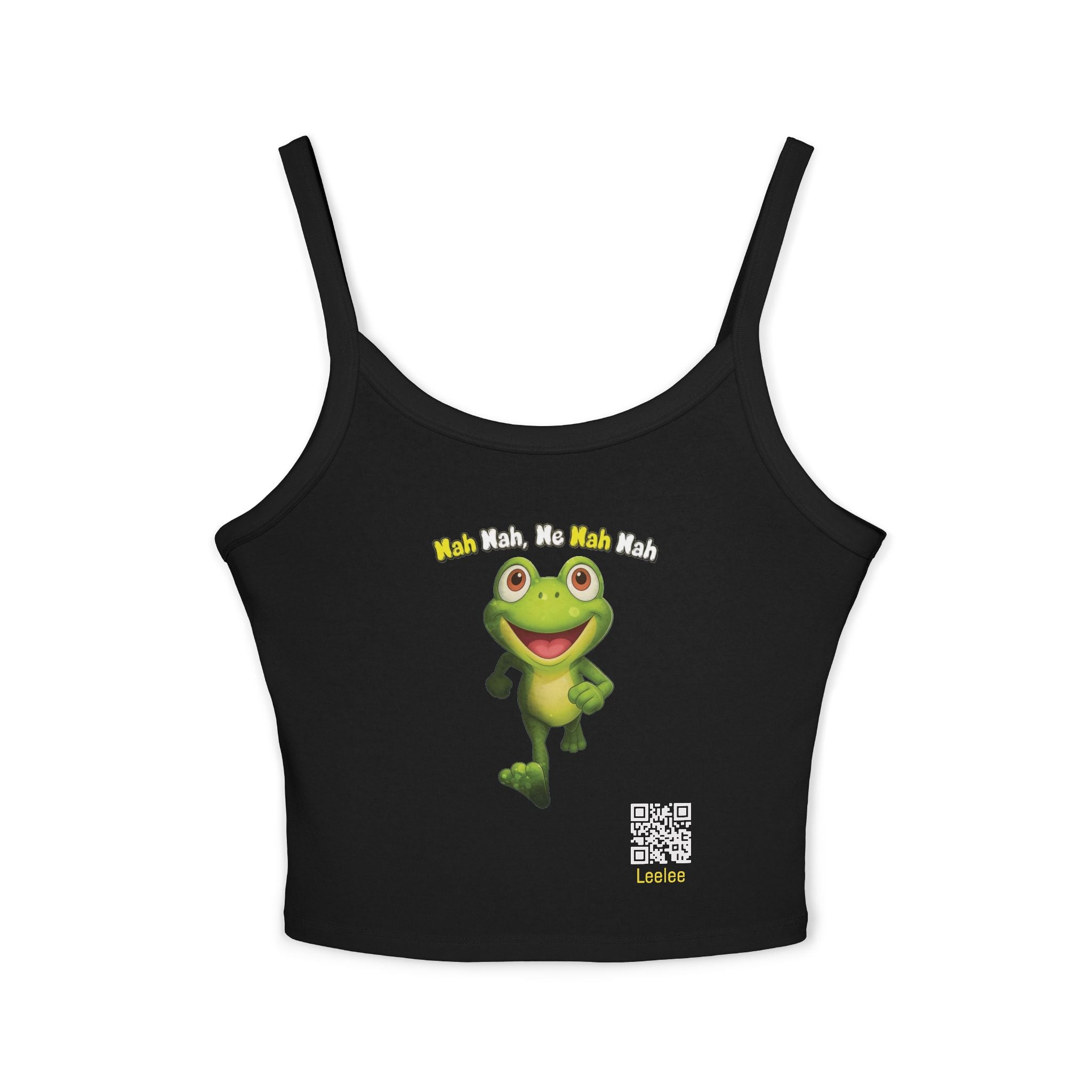 Leelee Running Frog Cropped Tank — "Nah Nah Ne Nah Nah" Cute Frog Graphic Spaghetti Strap Top