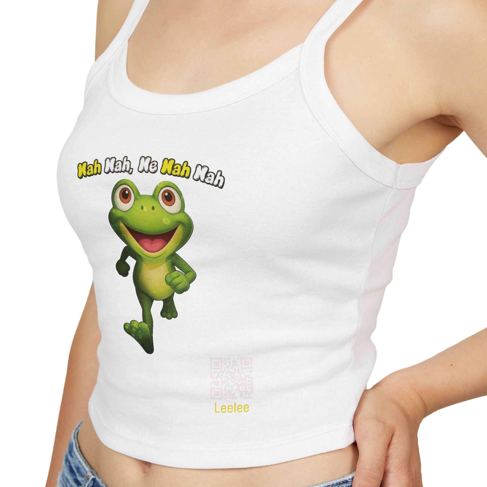 Leelee Running Frog Cropped Tank — "Nah Nah Ne Nah Nah" Cute Frog Graphic Spaghetti Strap Top