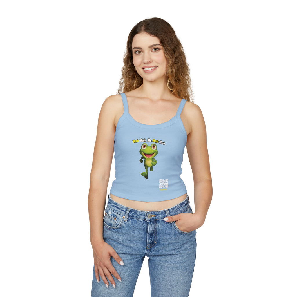Leelee Running Frog Cropped Tank — "Nah Nah Ne Nah Nah" Cute Frog Graphic Spaghetti Strap Top