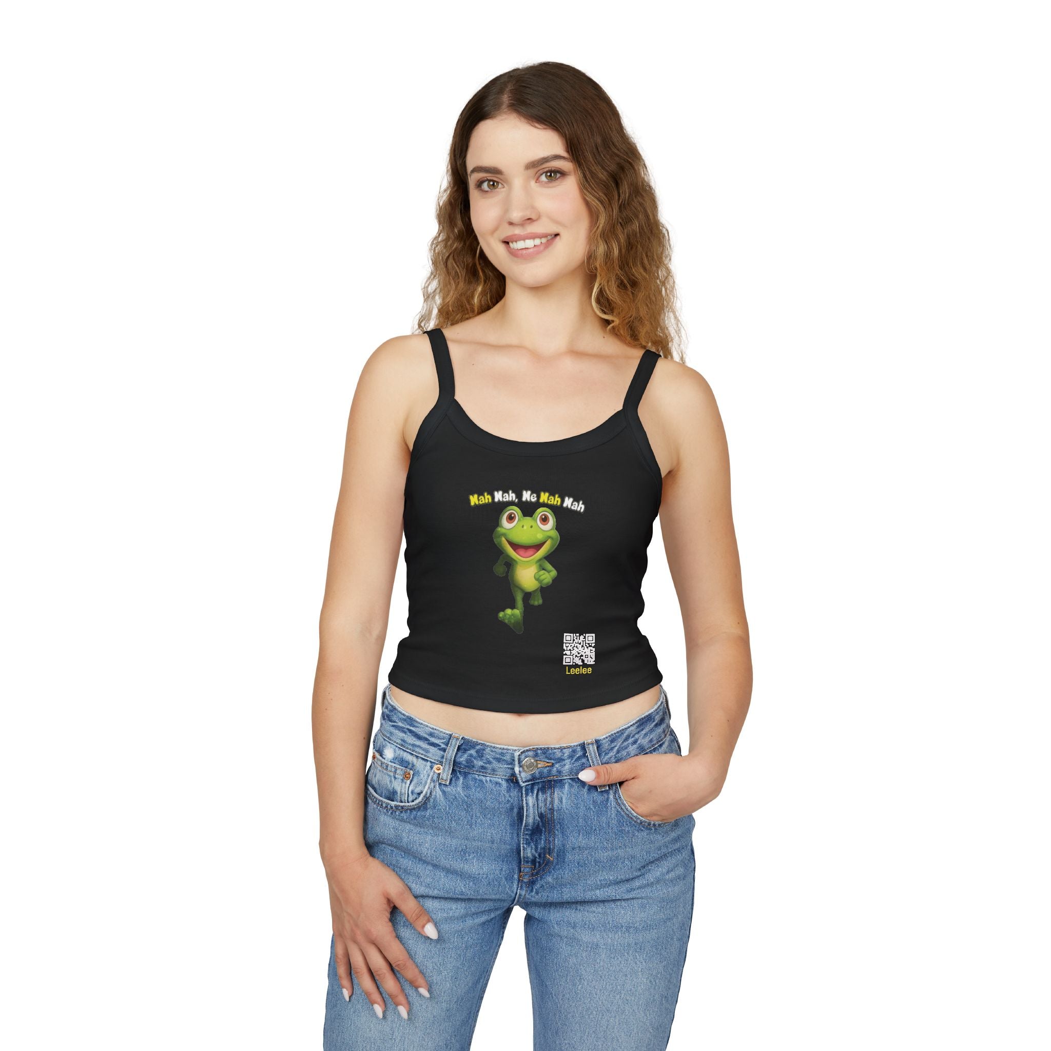 Leelee Running Frog Cropped Tank — "Nah Nah Ne Nah Nah" Cute Frog Graphic Spaghetti Strap Top